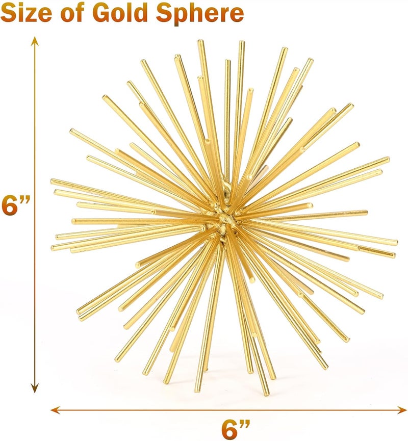 Mocome Metal Decorative Starburst Ball, 6 Inch Gold Sphere Decor, Spiky Star Burst Tabletop Sculpture, Mid-Century Modern Metal Spike Ball for Home, Living Room, Office & Shelf Decor - Image 3